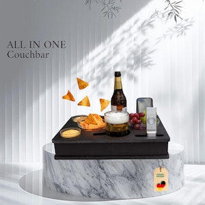Couchbox mit 4 Glasschalen PERSONALISIERBAR Couchbar Snackbox | Snackbar | Sofa Butler | Couch Tablett mit Getränkehalter| Sofabar