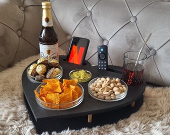 Couchbar Herz schwarz mit 4 Glasschalen Bettbar Snackbar Snackbox