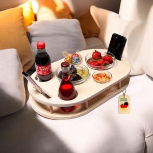 Couch bar in cream white with 4 glass bowls. PERSONALIZABLE. Sofa bar for snacks and drinks. Snack box. Couch tray with cup holder.