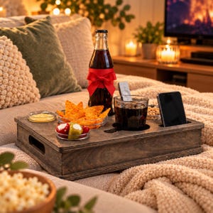 Op de afbeelding: Een donker gebeitst houten serveerblad met geïntegreerde uitsparingen voor een glazen fles, een drinkglas en een smartphone. Het blad bevat een glazen fles met een rood lint, een schaaltje tortillachips, een bakje dip en gevulde paprika's.