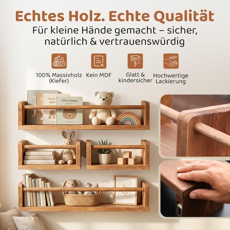 May include: Three wall-mounted wooden shelves with a front safety rail, displaying children's books, a teddy bear, a rabbit plush, a small potted plant, wooden blocks, and a framed picture. The shelves are made of solid pine wood.