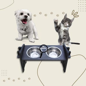 Customizable feeding station in black - Height-adjustable feeding bowl for dogs and cats | Wooden feeding bowl | Dog bowl