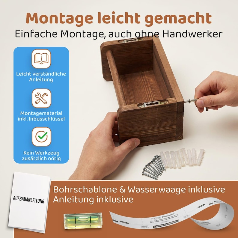 May include: A dark brown wooden wall-mounted shelf with metal mounting brackets. The image includes text in German, a set of screws and wall anchors, an Allen wrench, a small spirit level, a paper drilling template, and an instruction manual.
