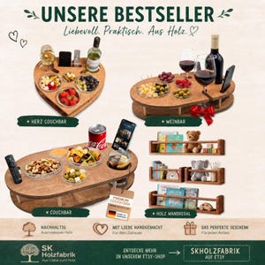 May include: A collection of wooden products including a heart-shaped couch bar, an oval wine bar with a red bow, an oval couch bar with snack bowls, and three wall-mounted wooden shelves displaying books, a teddy bear, and an elephant toy.