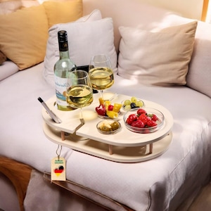Wine bar in cream white - Snack box couch bar - personalized gift - Couch tray - Snack bar with drink holder for wine bottle