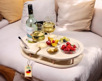 Wine bar in cream white - Snack box couch bar - personalized gift - Couch tray - Snack bar with drink holder for wine bottle
