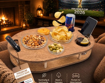 Personalized wooden coffee bar | Snack tray with 4 glass bowls, Father's Day gift, tray for movie night, sofa organizer