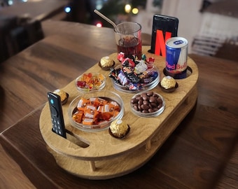 handmade wooden couch bar with 4 glass bowls | unique snack bar | customizable | Camping | tray