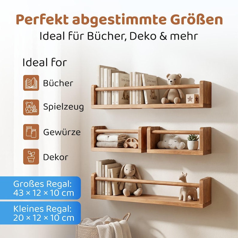 May include: Three light brown wooden wall-mounted shelves with a front safety rail. The shelves hold books, a teddy bear, a wooden toy, a cloud-shaped object, a small potted plant, and a rabbit plush. Text includes dimensions 43x12x10 cm and 20x12x10 cm.