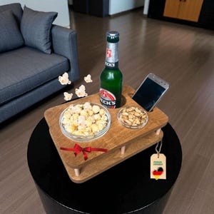 Couch bar with 2 glass bowls handmade from wood YOLO oak customizable snack bar unique birthday gift