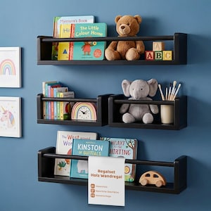 Wooden wall shelf set – 4-piece set for children's room shelves – wall-mounted bookshelf for baby's room – floating shelves made of solid wood – decorative items Schwarz