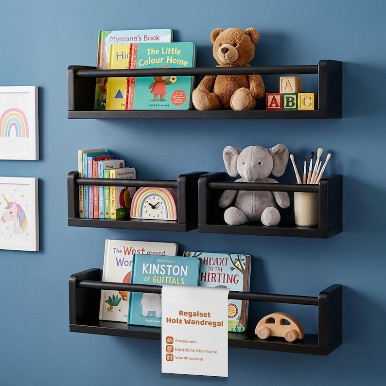 Wooden wall shelf set – 4-piece set for children's room shelves – wall-mounted bookshelf for baby's room – floating shelves made of solid wood – decorative items Schwarz