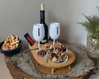 Wijnbar met 4 glazen schalen | voor mousserende wijn | Champagnebar | handgemaakt van hout | Snackbar | Bankstang | uniek cadeau-idee | camping