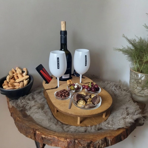 Bar à vin avec 4 bols en verre | pour vin mousseux | Bar à Champagne | fait à la main à partir de bois | Snack-bar | Canapé-bar | idée cadeau unique | camping