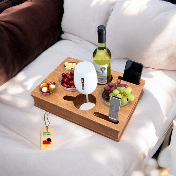 Customizable Couch Box with 4 Glass Bowls | Couch Bar Snack Box | Snack Bar | Sofa Butler | Couch Tray with Drink Holders | Sofa Bar
