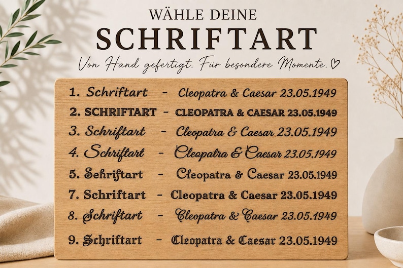 May include: A wooden plaque with engraved text showcasing different font styles. The text includes the words "W&Auml;HLE DEINE SCHRIFTART" and "Von Hand gefertigt. F&uuml;r besondere Momente." Below are numbered font samples with names and dates.
