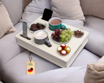 White sofa box with 4 glass bowls | unique snack bar | customizable | sofa butler | sofa tray with drink holder | sofa bar