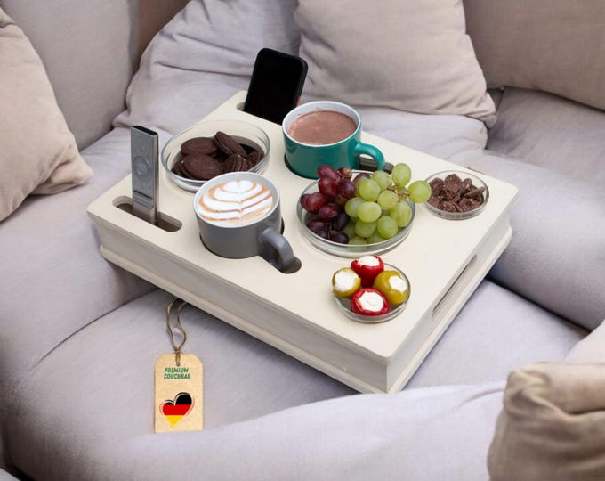 White sofa box with 4 glass bowls | unique snack bar | customizable | sofa butler | sofa tray with drink holder | sofa bar