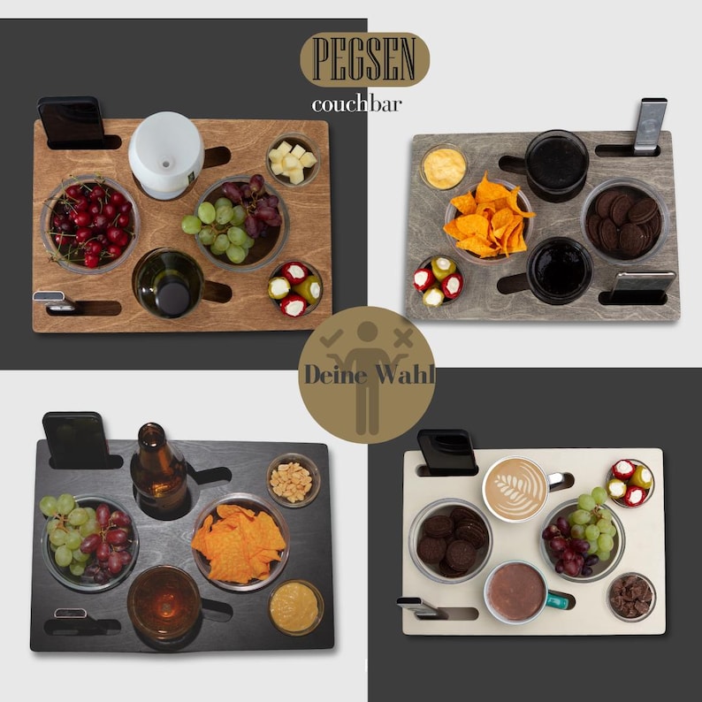 May include: Wooden couch bar with cutouts for drinks, snacks, and a phone. The bar is shown with various food and drink arrangements, including cherries, grapes, and chips. The text "PEGSEN couchbar" is at the top.