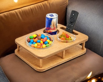 Couch bar with 2 glass bowls handmade from wood YOLO oak customizable snack bar unique birthday gift