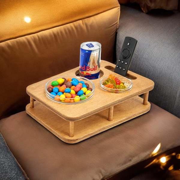 Couchbar mit 2 Glasschalen handgefertigt aus Holz YOLO Eiche personalisierbar Snackbar einzigartiges Geburtstagsgeschenk