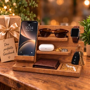 Organiseur de bureau personnalisé - rangement en bois avec support pour téléphone - cadeau pour homme - station d'accueil pour téléphone