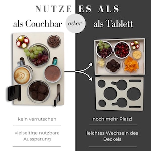 May include: A cream-colored serving tray with circular cutouts and a removable top. The tray holds small bowls of snacks and drinks, including grapes, cookies, and coffee. Text on the image reads "NUTZE ES ALS" and "als Couchbar oder als Tablett".