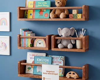 Houten wandplankenset – 4-delige set voor kinderkamerplanken – wandboekenplank voor babykamer – zwevende planken van massief hout – decoratieve items