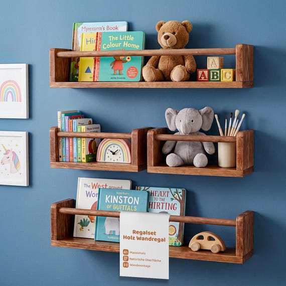 Wandregal Set aus Holz – 4er Set Kinderzimmer Regal – Bücherregal Wand Babyzimmer – Schweberegale aus Echtholz – Deko