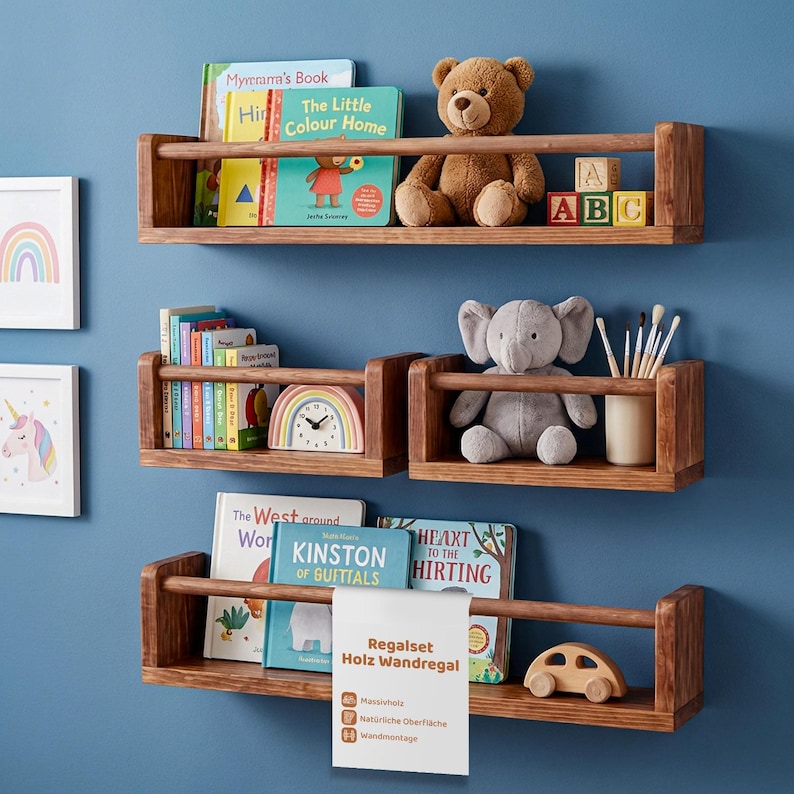 Wooden wall shelf set – 4-piece set for children's room shelves – wall-mounted bookshelf for baby's room – floating shelves made of solid wood – decorative items Braun