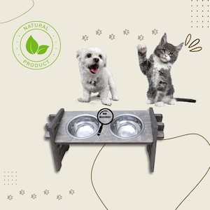Customizable feeding station in gray - Height-adjustable feeding bowl for dogs and cats | Wooden feeding bowl | Dog bowl