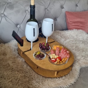 Weinbar mit 4 Glasschalen für Sekt Champagner Bar handgefertigt aus Holz Snackbar Couchbar einzigartige Geschenkidee Camping Bild 8