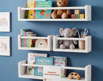 Wooden wall shelf set – 4-piece set for children's room shelves – wall-mounted bookshelf for baby's room – floating shelves made of solid wood – decorative items