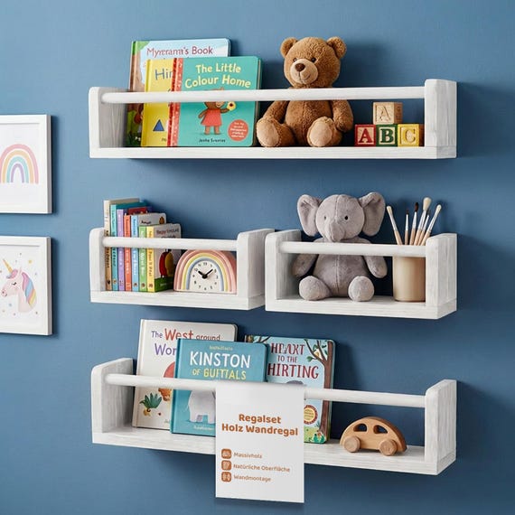 Wandregal Set aus Holz – 4er Set Kinderzimmer Regal – Bücherregal Wand Babyzimmer – Schweberegale aus Echtholz – Deko