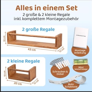 May include: A set of wooden wall shelves including two large shelves measuring 43 cm by 12 cm by 10 cm and two small shelves measuring 20 cm by 12 cm by 10 cm. The set includes mounting hardware, a mini level, a drilling template, and instructions.