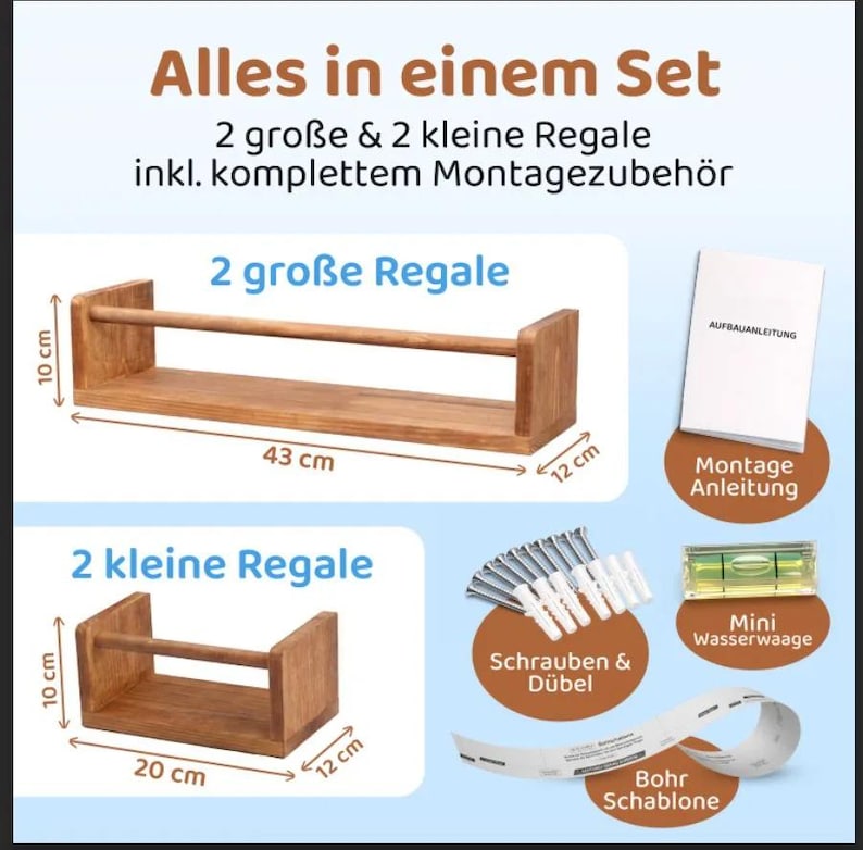 May include: A set of wooden wall shelves including two large shelves measuring 43 cm by 12 cm by 10 cm and two small shelves measuring 20 cm by 12 cm by 10 cm. The set includes mounting hardware, a mini level, a drilling template, and instructions.