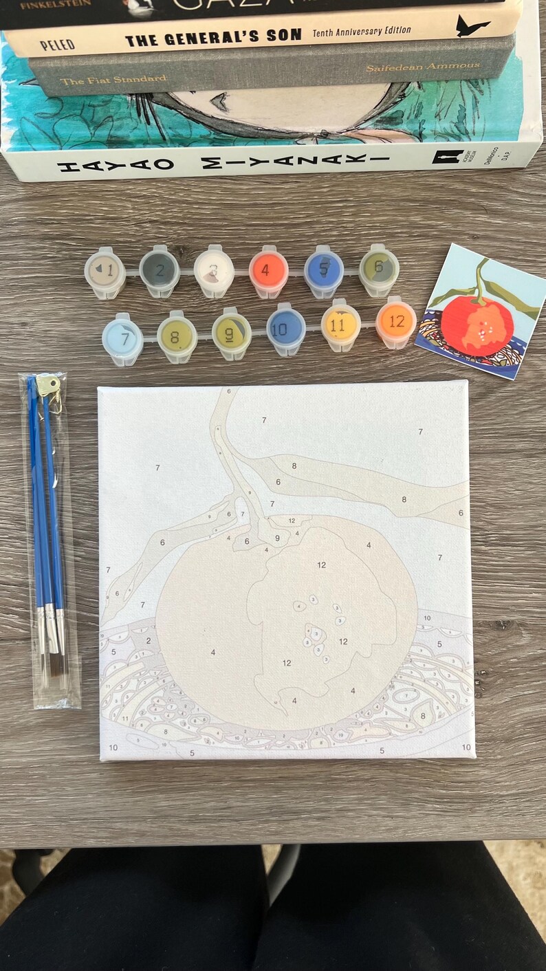 May include: A paint-by-numbers kit with a canvas depicting a fruit, numbered paint pots, and brushes. The kit includes a reference image. The colours are beige, orange, blue, and yellow. The canvas measures approximately 30 cm x 30 cm.