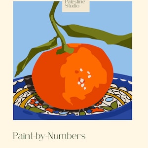 May include: A bright orange fruit with green leaves sits on a blue plate with a decorative pattern. The image is a paint-by-numbers kit, with the text "Paint-by-Numbers" and "12 Colors" visible. The kit includes paint and paint brushes.
