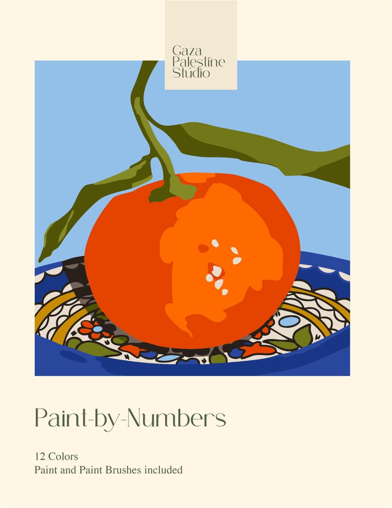 May include: A bright orange fruit with green leaves sits on a blue plate with a decorative pattern. The image is a paint-by-numbers kit, with the text "Paint-by-Numbers" and "12 Colors" visible. The kit includes paint and paint brushes.
