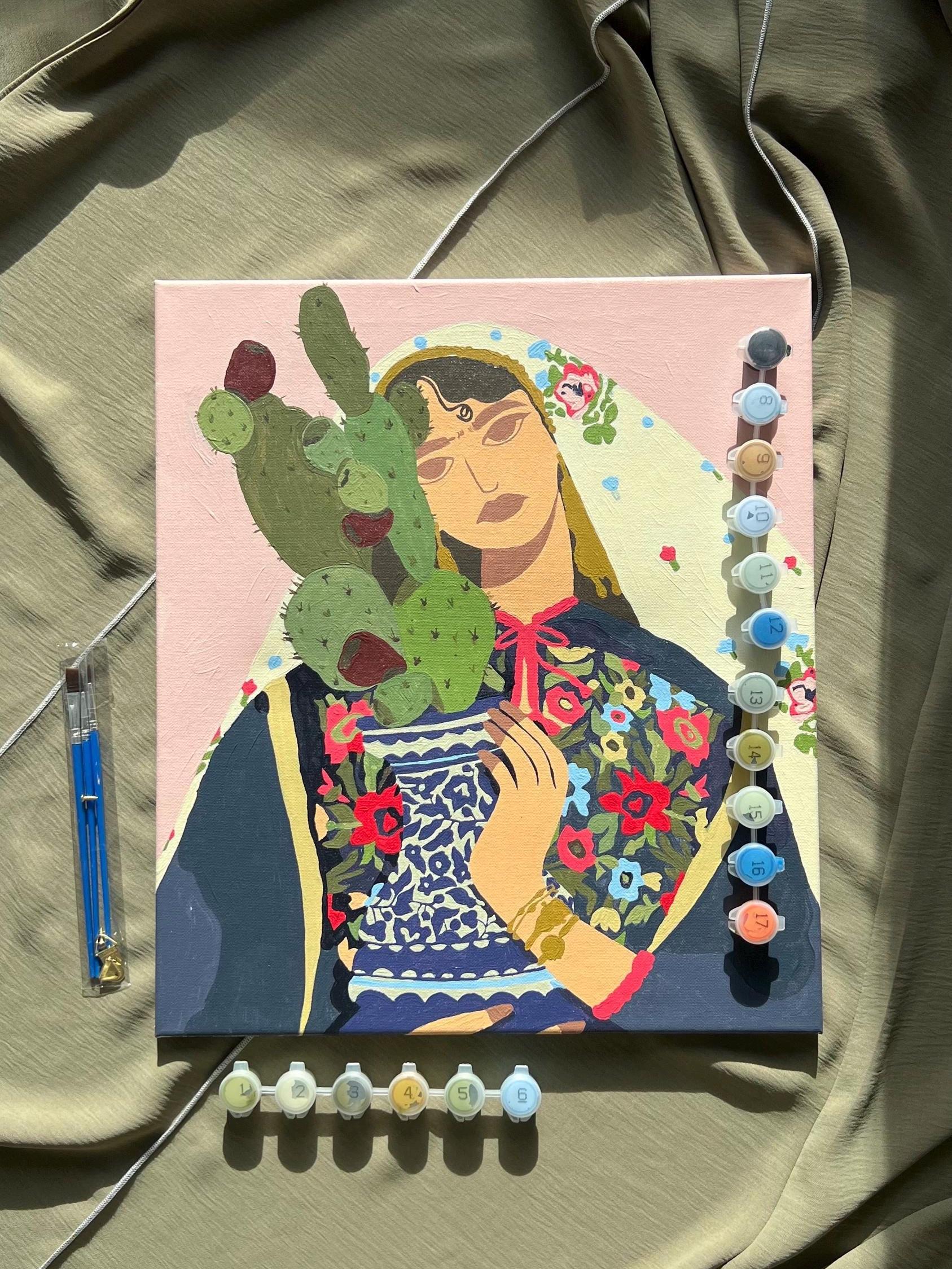 Sabr Palestinian Paint by Number Kit – Traditional Woman with Cactus – DIY Art, Palestinian Heritage, Embroidery and Culture