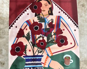 Wydruk artystyczny z makiem – Portret kobiety palestyńskiej w kwiaty | Dekoracja ścienna 7x9 | Dzieło sztuki Bliskiego Wschodu | Wysokiej jakości bawełniany wydruk