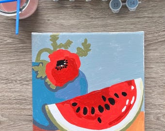 Palestinian Watermelon & Poppy Paint-by-Number Kit | 8x8 Framed Canvas | Includes Paint and Brushes | Palestinian themed
