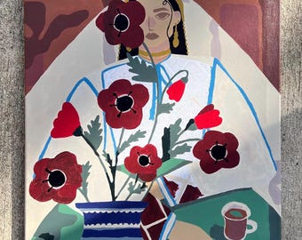 Red Poppy” Paint-by-Number Kit – 35x40cm | Palestinian Woman, Thoub, Red Poppy Flowers | DIY Art, Cultural Home Decor, Relaxing Gift