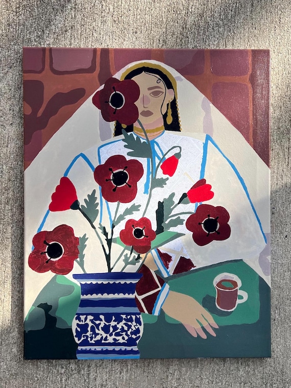 Red Poppy” Paint-by-Number Kit – 35x40cm | Palestinian Woman, Thoub, Red Poppy Flowers | DIY Art, Cultural Home Decor, Relaxing Gift