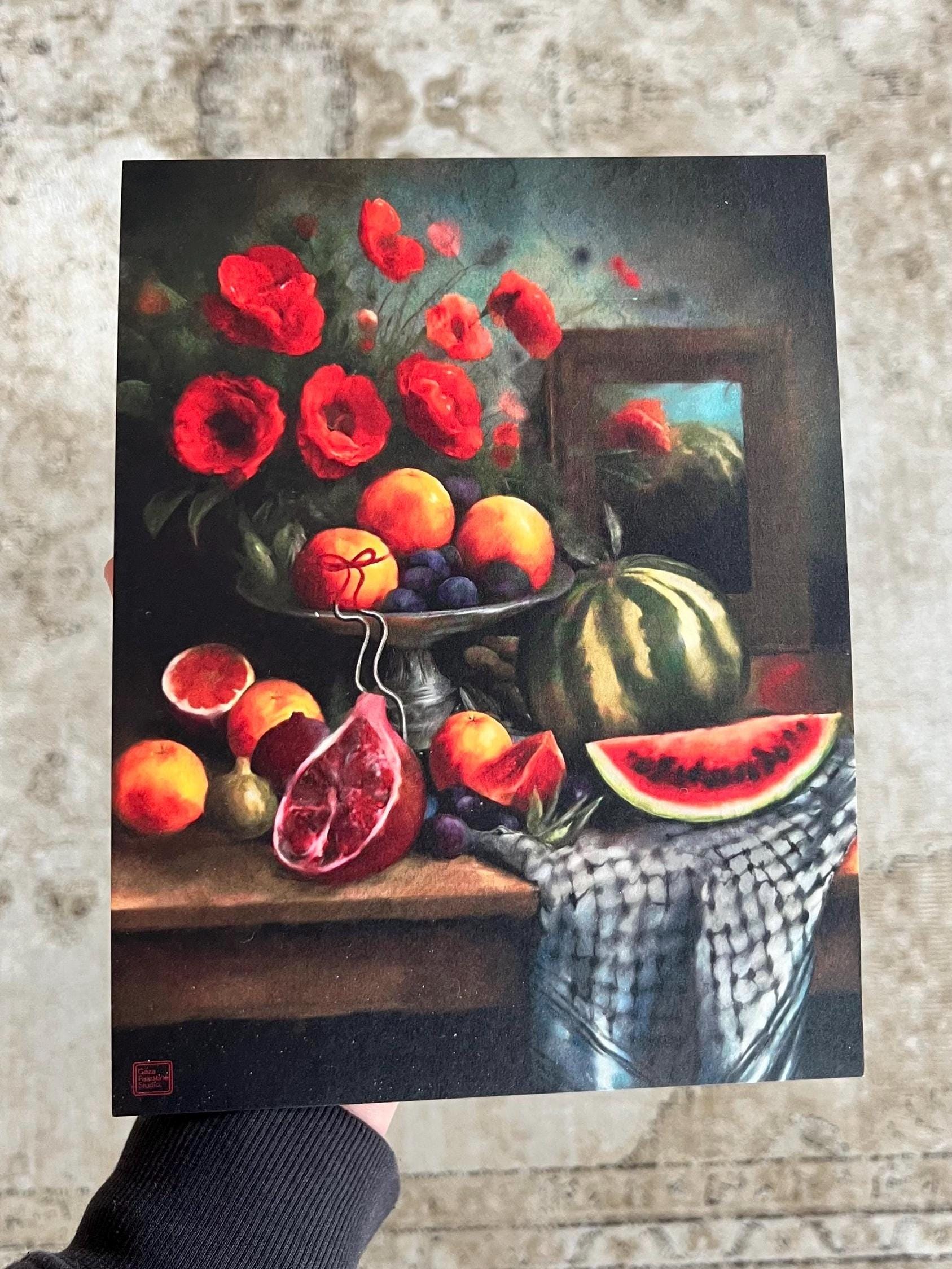 Vintage Palestinian Still Life Art Print –7x9 Inches Symbolic Fruits Oil Painting | Middle Eastern Heritage Wall Decor | High-Quality Cotton
