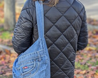 Upcycled Jeans Shoulder Handbag, Denim Jeans Bag, Large Slouchy Bag, Comfy Trendy, Grey White Spot Lining inside zip & mobile Phone Pocket
