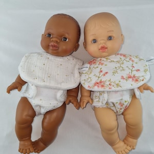 Doll diaper and bib set - Adjustable with Velcro - Oeko tex cotton and bamboo sponge - Doll accessory
