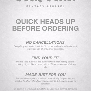 The image is a page from a fantasy apparel store's catalog, featuring a section titled "Quick Heads Up Before Ordering".