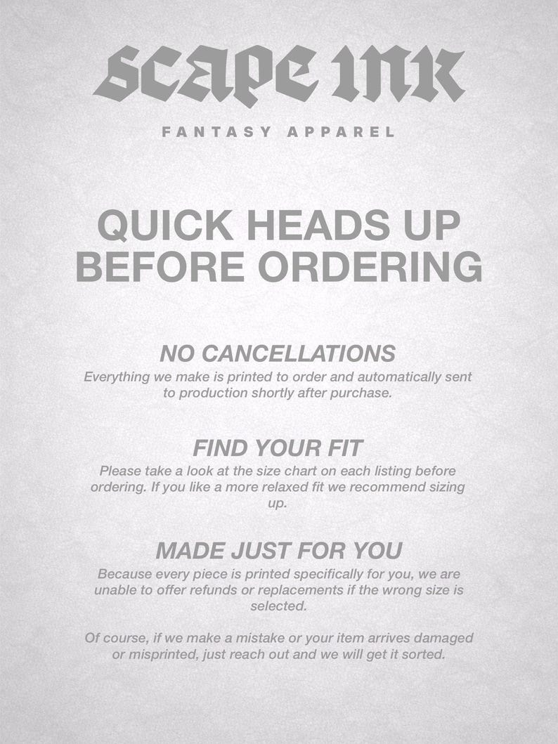 The image is a page from a fantasy apparel store's catalog, featuring a section titled "Quick Heads Up Before Ordering".