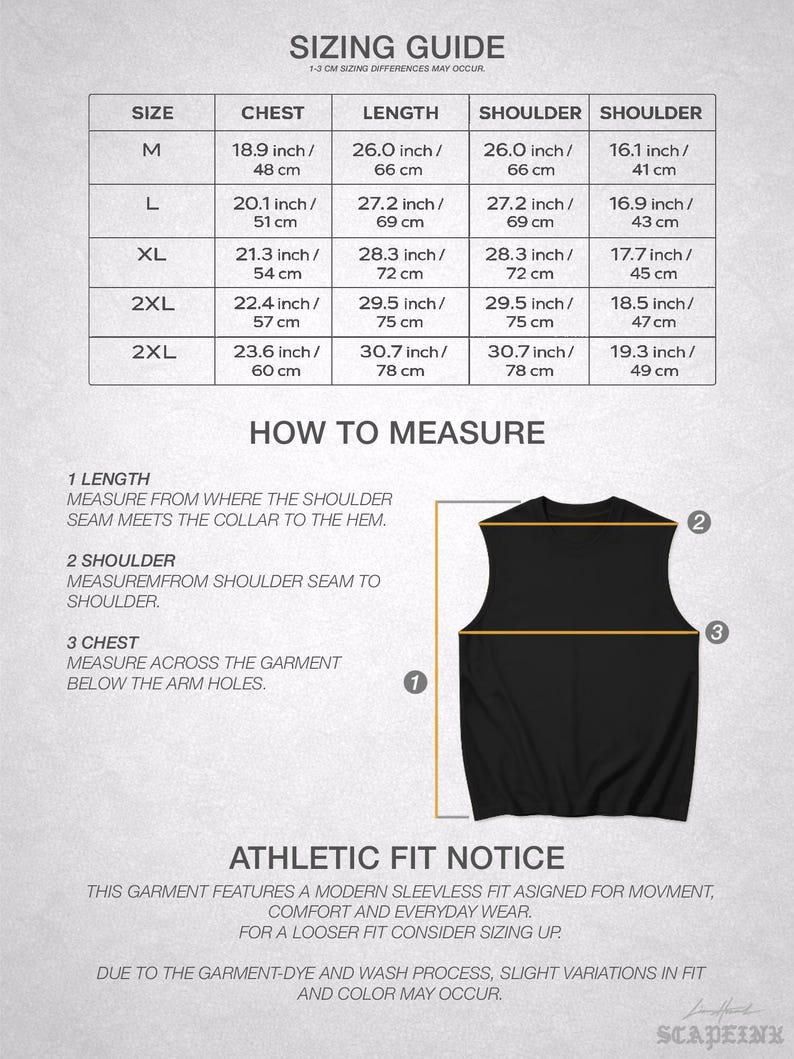 Op de afbeelding: Een zwart mouwloos athletic fit shirt met een maattabel. De tabel bevat borst-, lengte- en schoudermaten in inches en cm voor de maten M tot 2XL. De tekst bevat ook instructies voor het meten van het shirt.